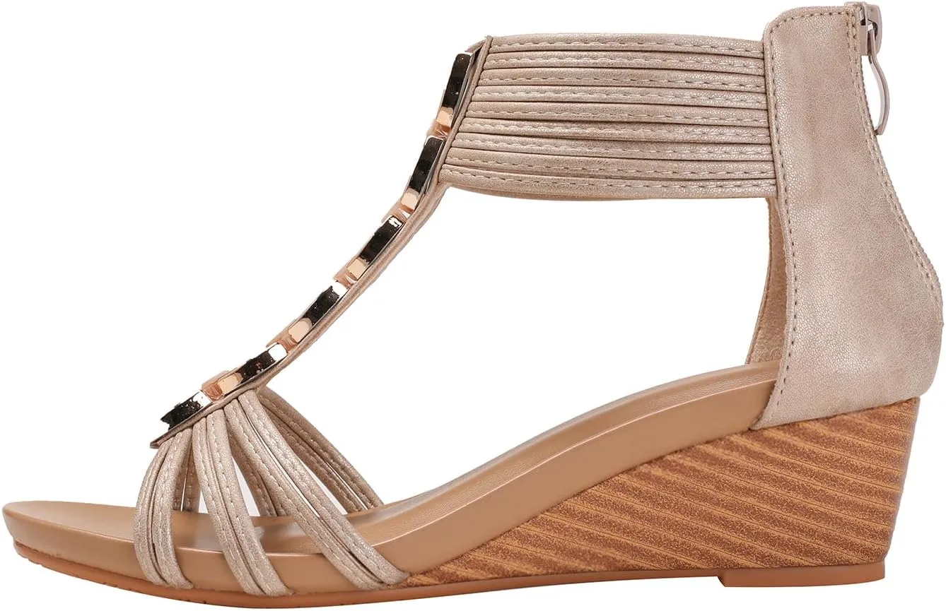 Yenktwei Women's Wedge Sandals Summer Comfort Open Toe Platform Bohemian Beach Sandals Zipper Back Shoes