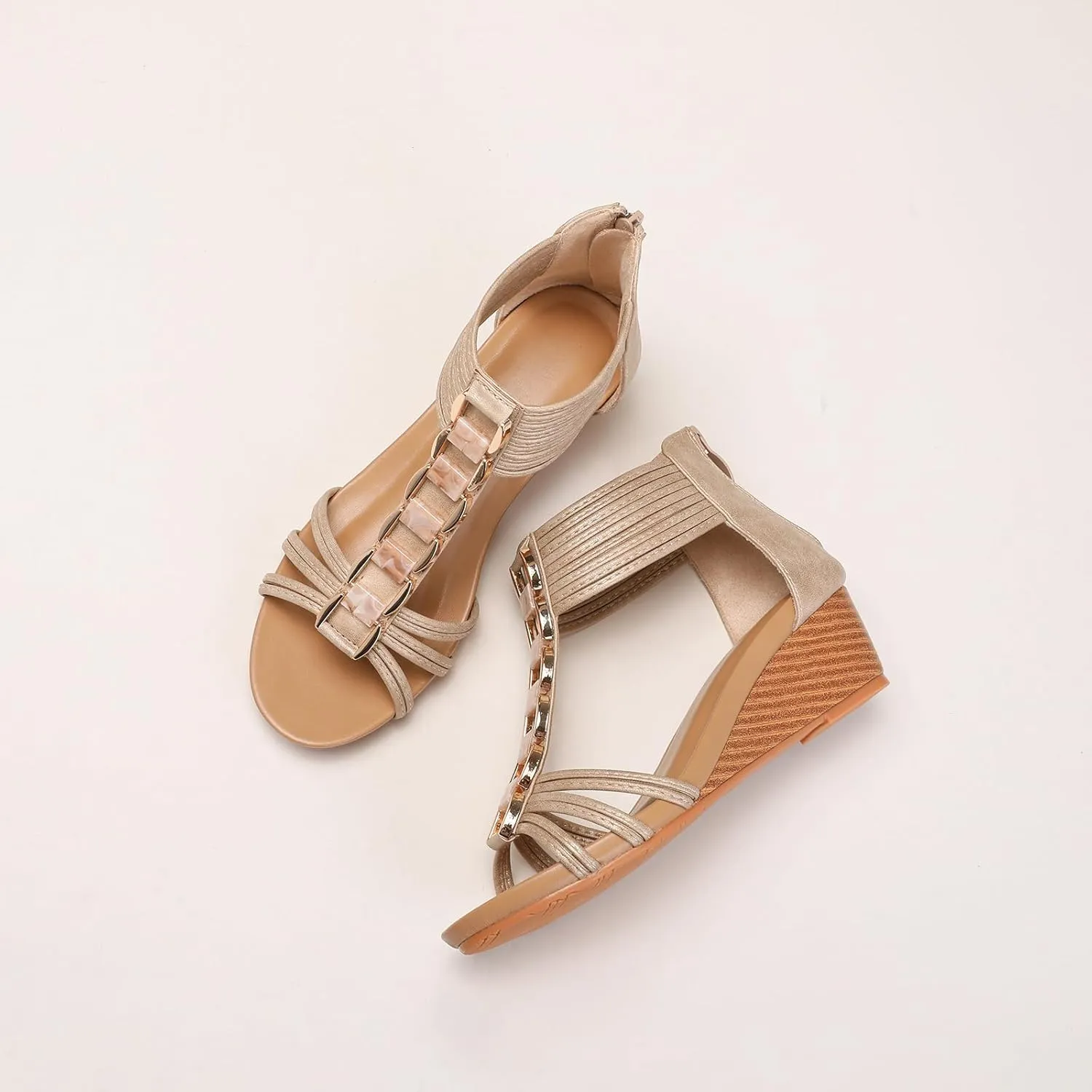 Yenktwei Women's Wedge Sandals Summer Comfort Open Toe Platform Bohemian Beach Sandals Zipper Back Shoes