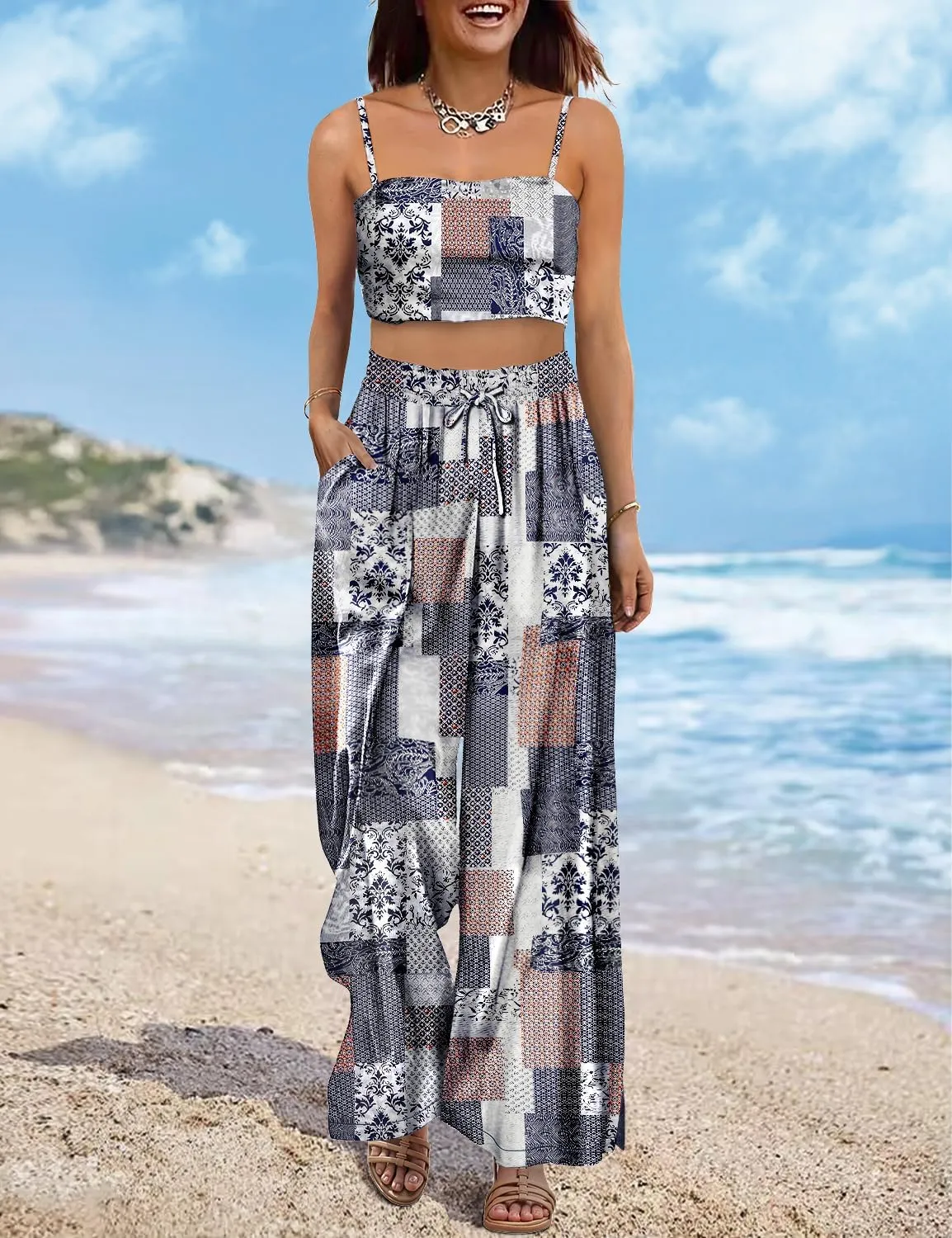 YESNO Women Summer Boho Palazzo Pants High Waist Wide Leg Floral Casual Cotton Lounge Trousers with Pockets PP0