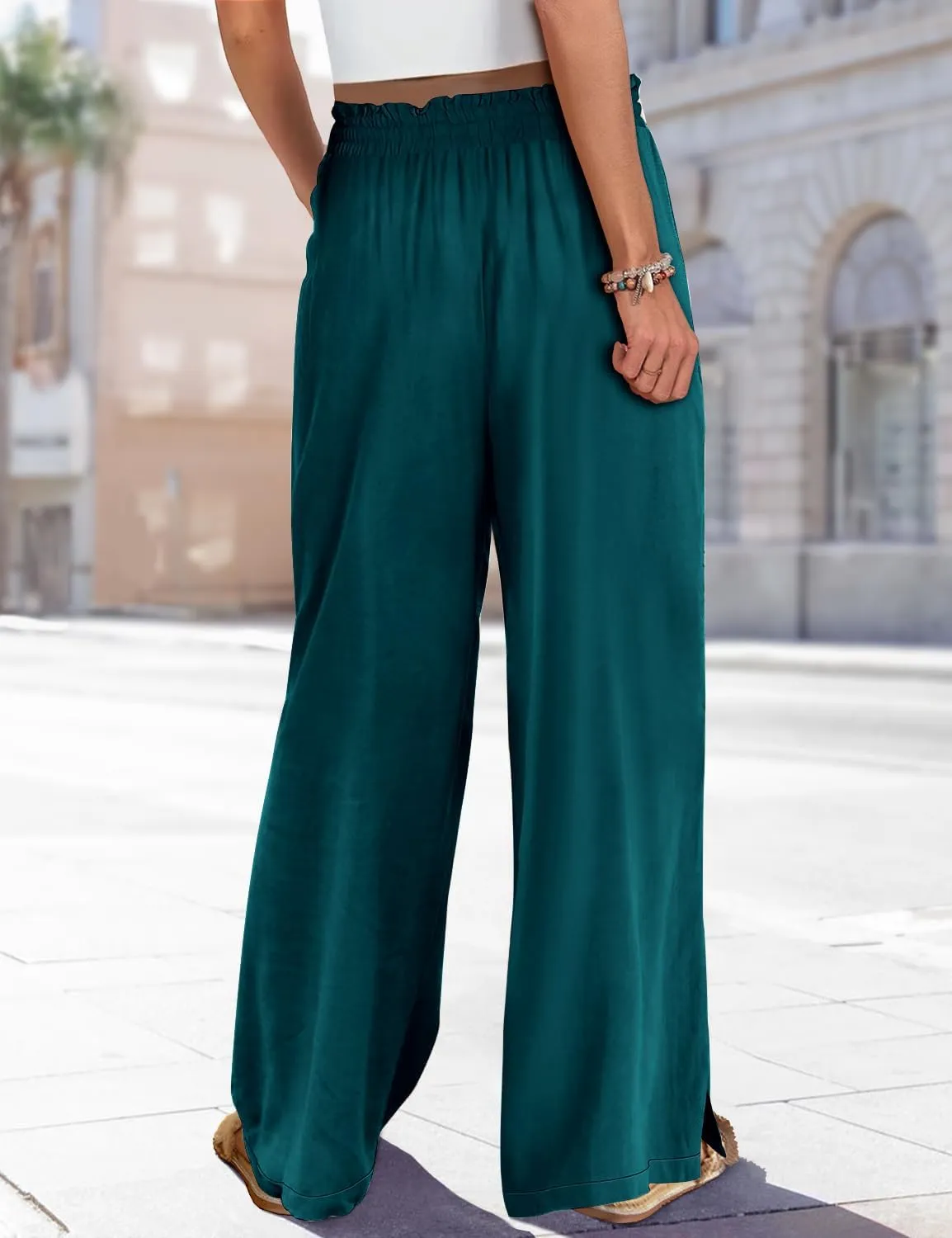 YESNO Women Summer Boho Palazzo Pants High Waist Wide Leg Floral Casual Cotton Lounge Trousers with Pockets PP0