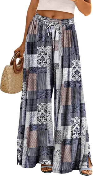 YESNO Women Summer Boho Palazzo Pants High Waist Wide Leg Floral Casual Cotton Lounge Trousers with Pockets PP0