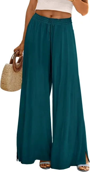 YESNO Women Summer Boho Palazzo Pants High Waist Wide Leg Floral Casual Cotton Lounge Trousers with Pockets PP0