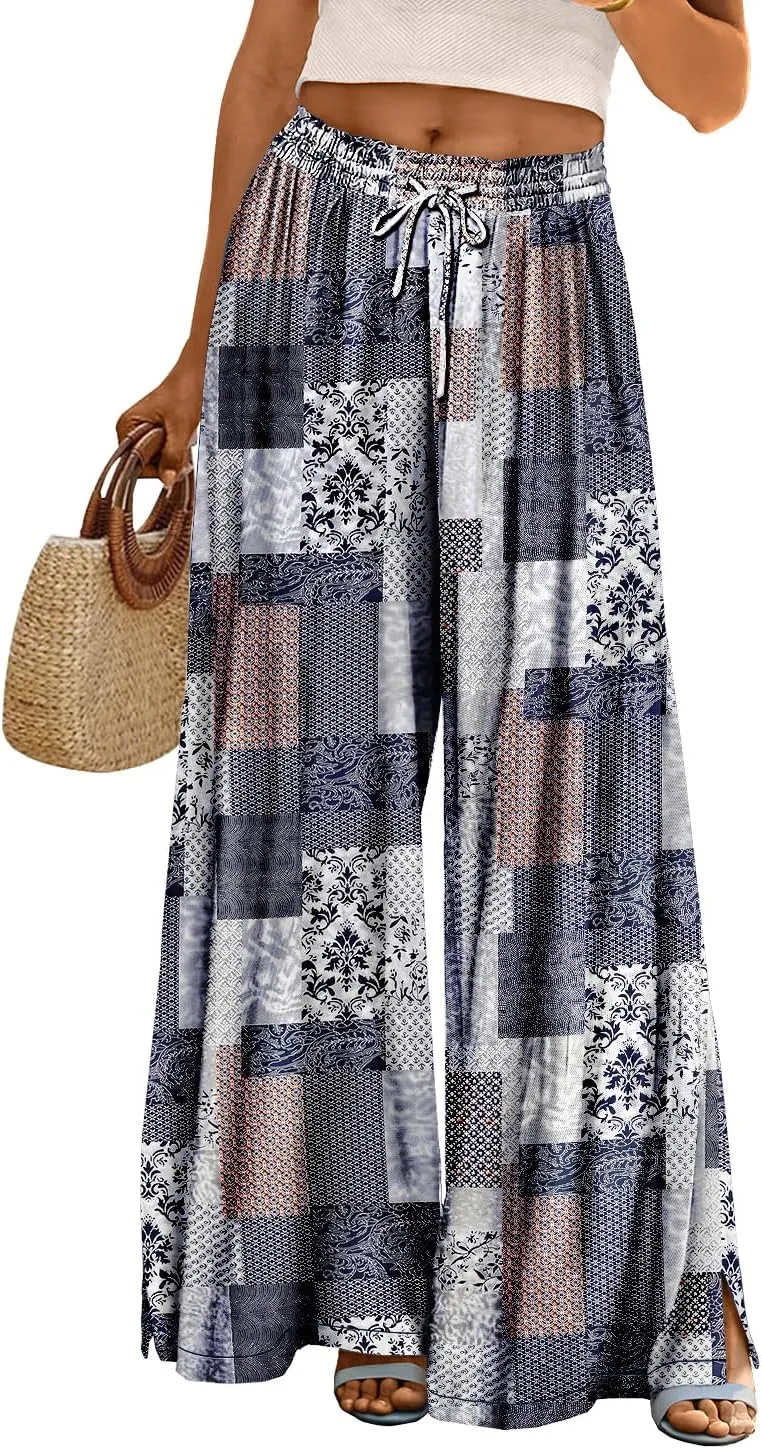 YESNO Women Summer Boho Palazzo Pants High Waist Wide Leg Floral Casual Cotton Lounge Trousers with Pockets PP0