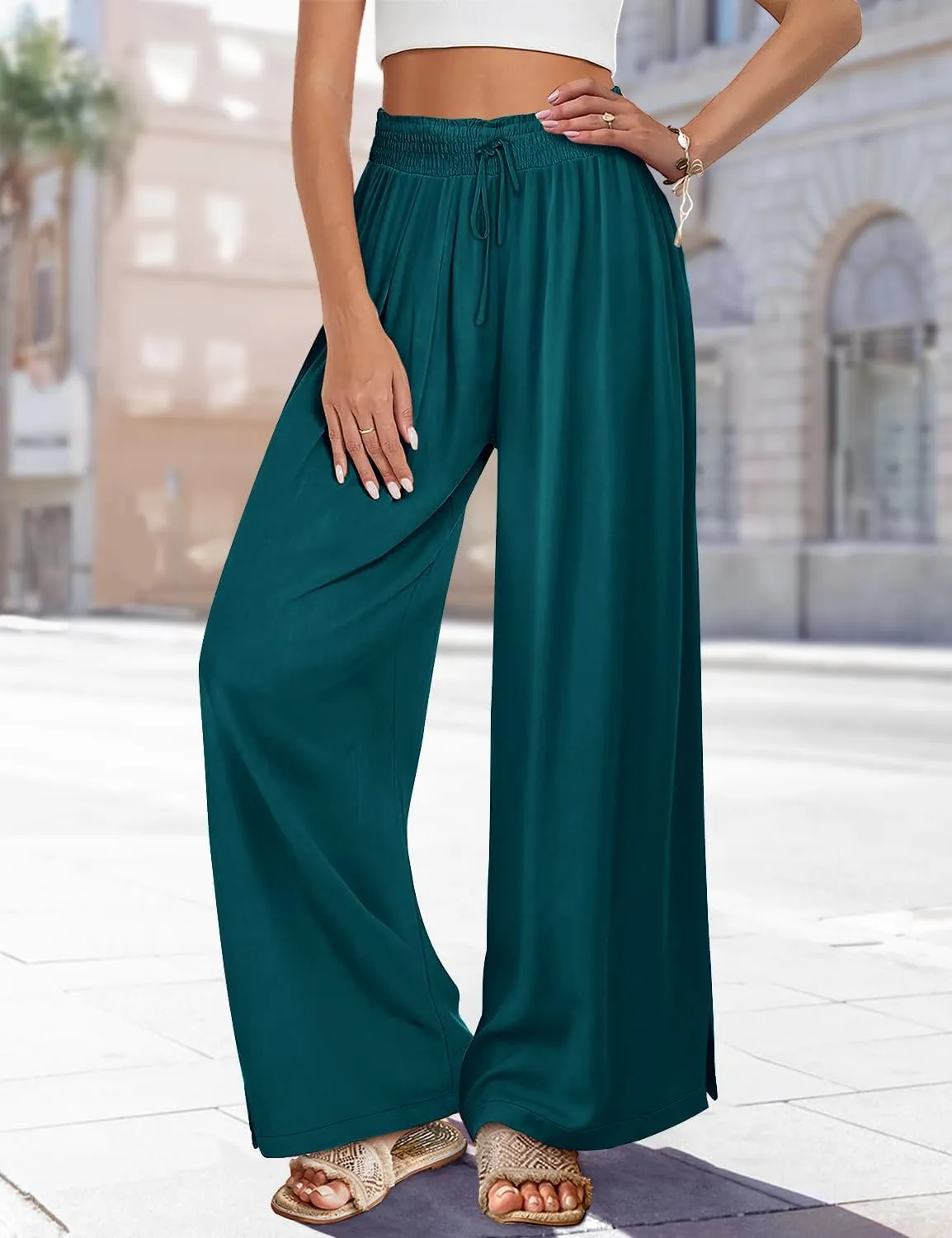 YESNO Women Summer Boho Palazzo Pants High Waist Wide Leg Floral Casual Cotton Lounge Trousers with Pockets PP0