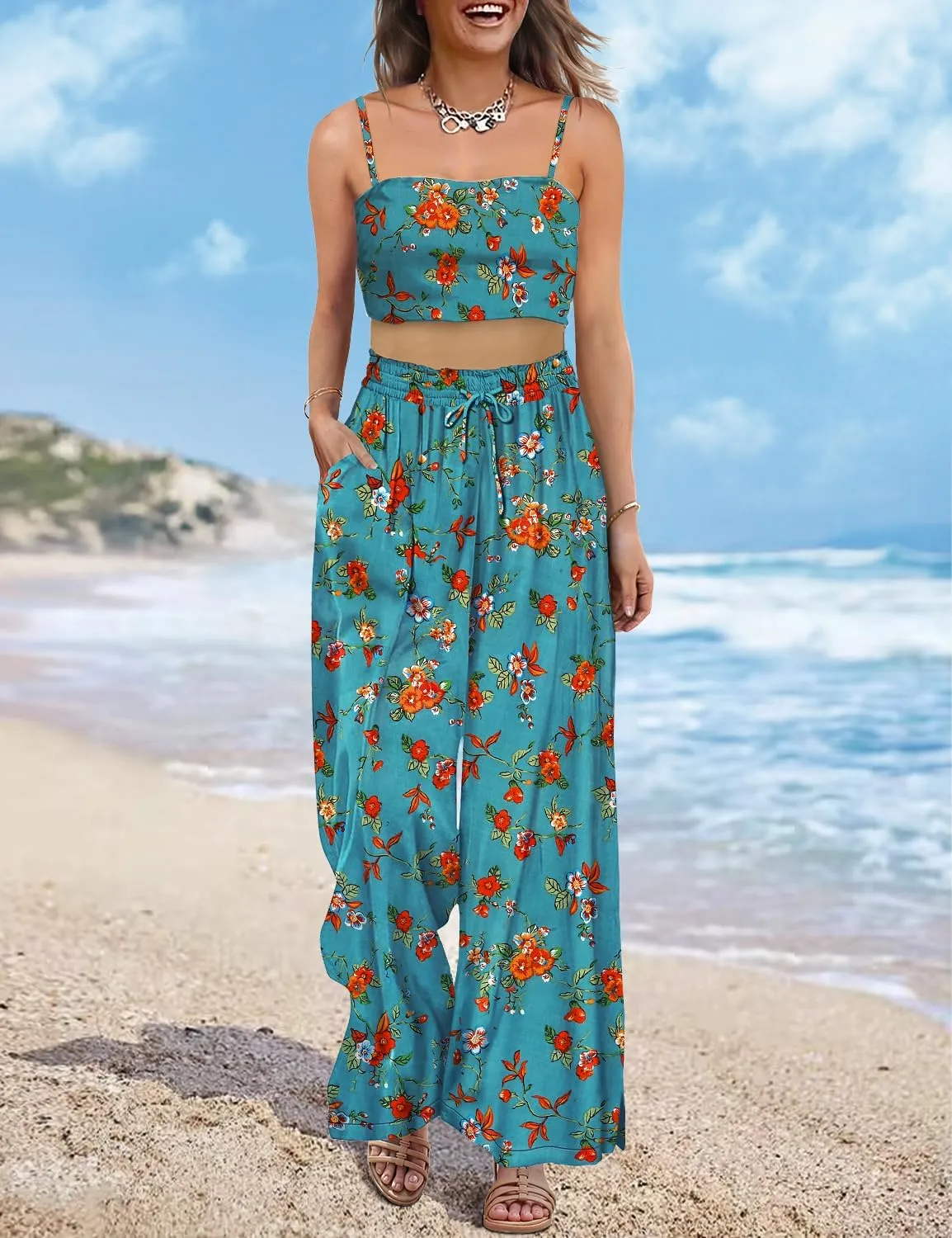 YESNO Women Summer Boho Palazzo Pants High Waist Wide Leg Floral Casual Cotton Lounge Trousers with Pockets PP0