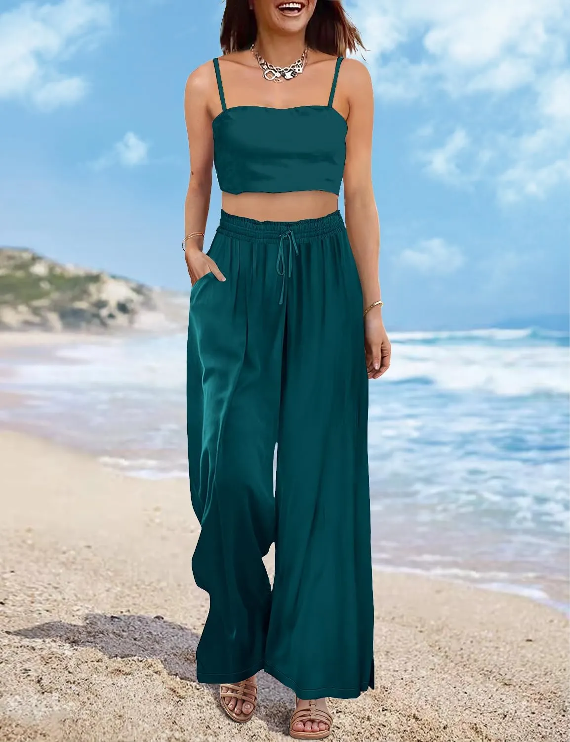 YESNO Women Summer Boho Palazzo Pants High Waist Wide Leg Floral Casual Cotton Lounge Trousers with Pockets PP0