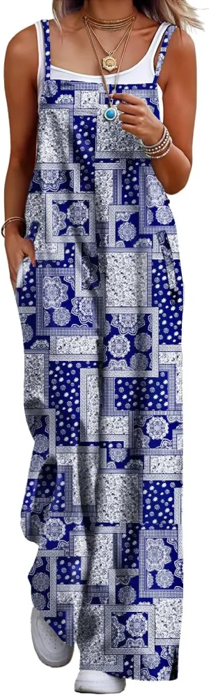 YESNO Women's Summer Boho Casual Jumpsuits Wide Leg Overalls Floral Print Baggy Rompers with Pockets PZZCR