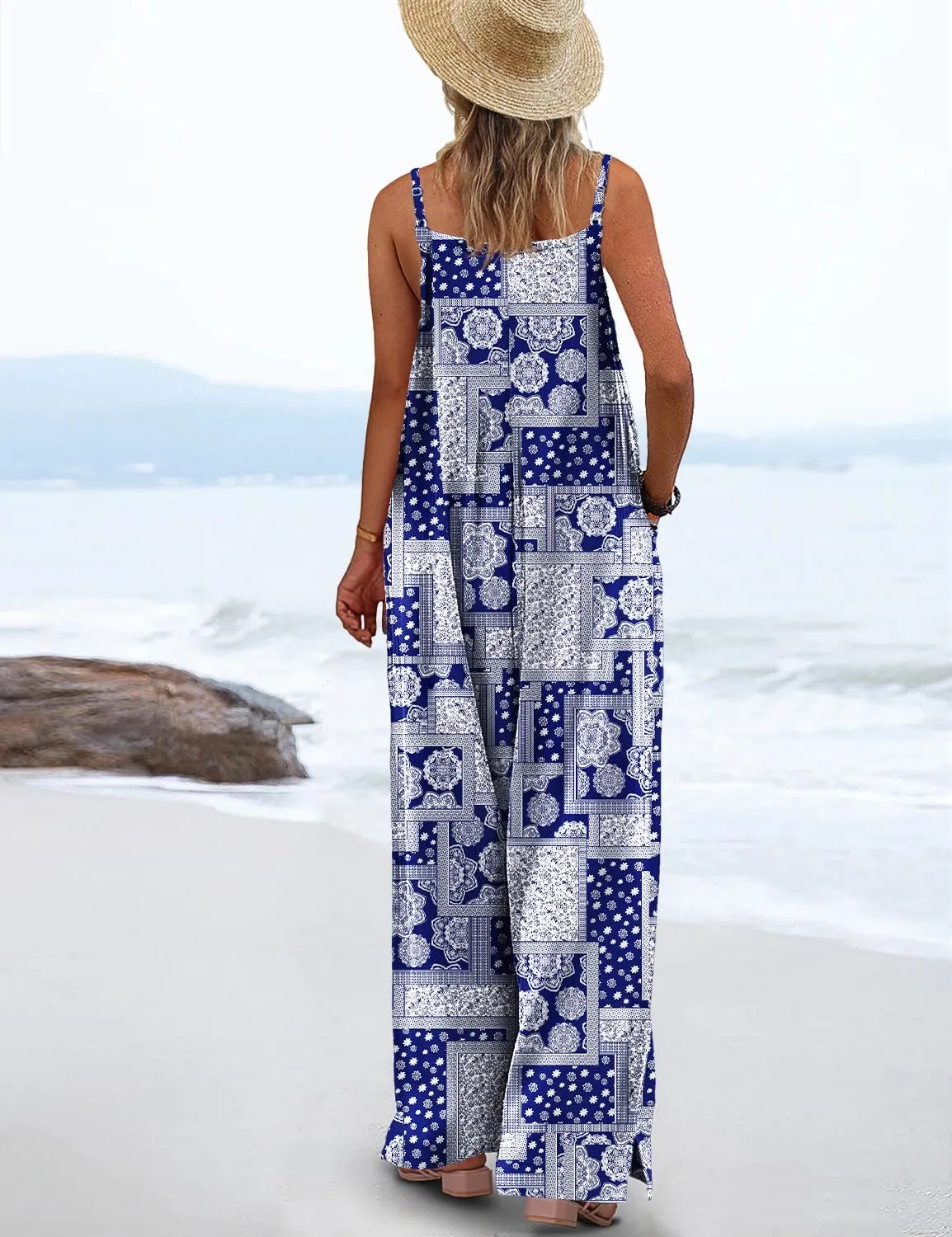 YESNO Women's Summer Boho Casual Jumpsuits Wide Leg Overalls Floral Print Baggy Rompers with Pockets PZZCR