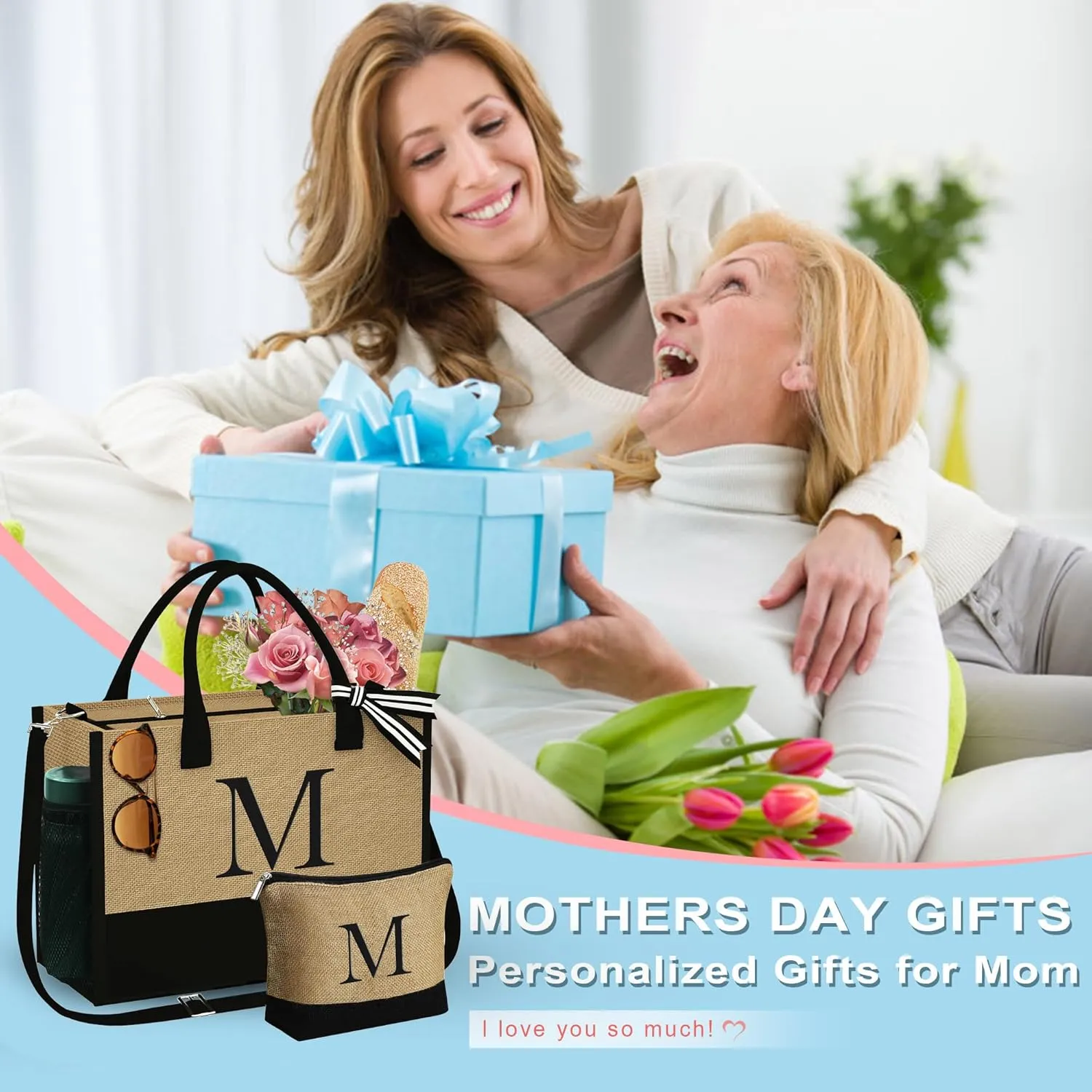 YOOLIFE Mothers Day Gifts - Initial Jute Tote Bag & Makeup Bag, Personalized Gifts for Women Mom Wife Teacher Friend Birthday