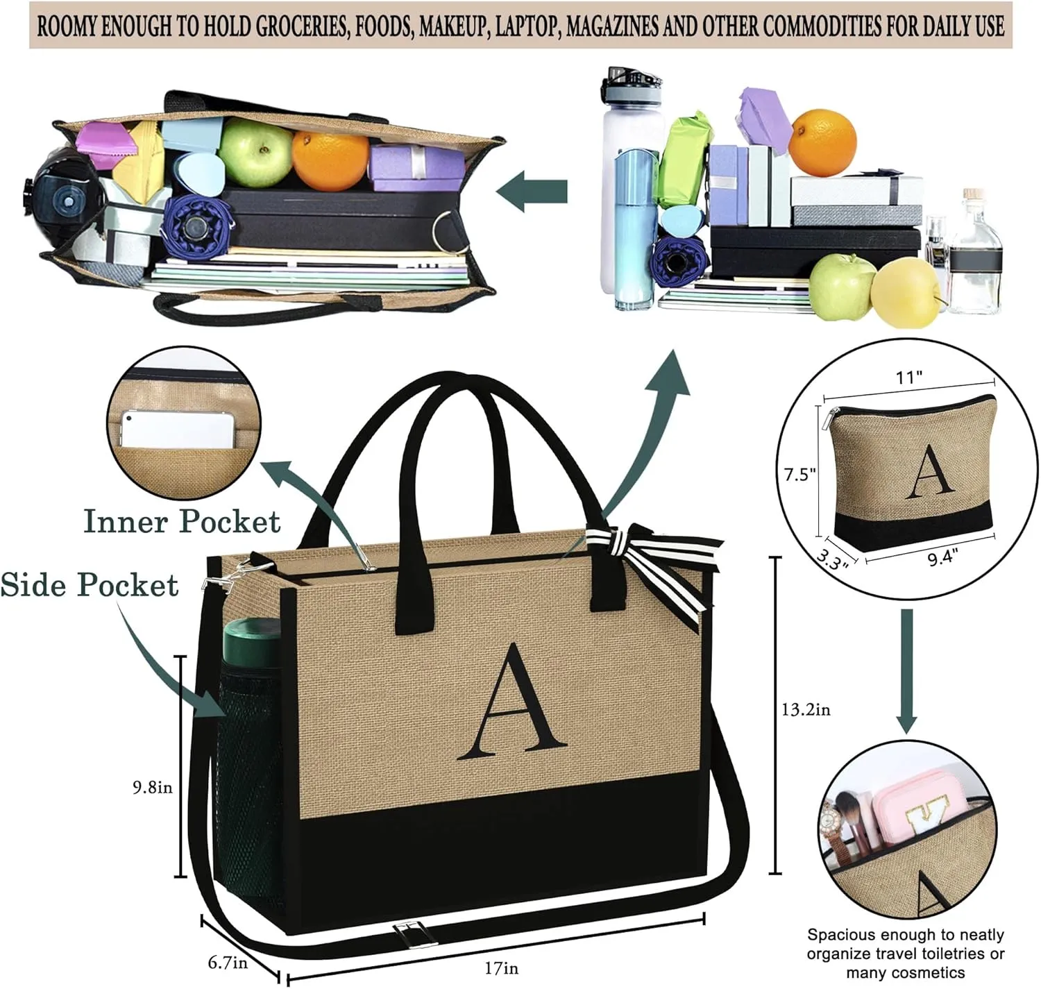 YOOLIFE Mothers Day Gifts - Initial Jute Tote Bag & Makeup Bag, Personalized Gifts for Women Mom Wife Teacher Friend Birthday