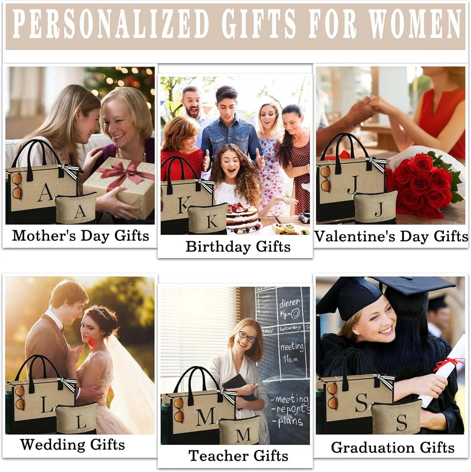 YOOLIFE Mothers Day Gifts - Initial Jute Tote Bag & Makeup Bag, Personalized Gifts for Women Mom Wife Teacher Friend Birthday