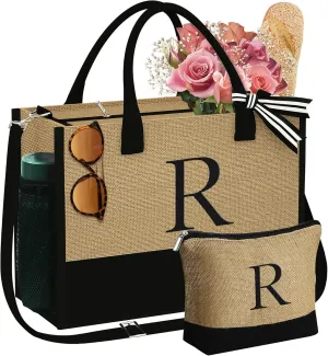 YOOLIFE Mothers Day Gifts - Initial Jute Tote Bag & Makeup Bag, Personalized Gifts for Women Mom Wife Teacher Friend Birthday