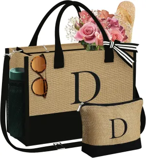 YOOLIFE Mothers Day Gifts - Initial Jute Tote Bag & Makeup Bag, Personalized Gifts for Women Mom Wife Teacher Friend Birthday
