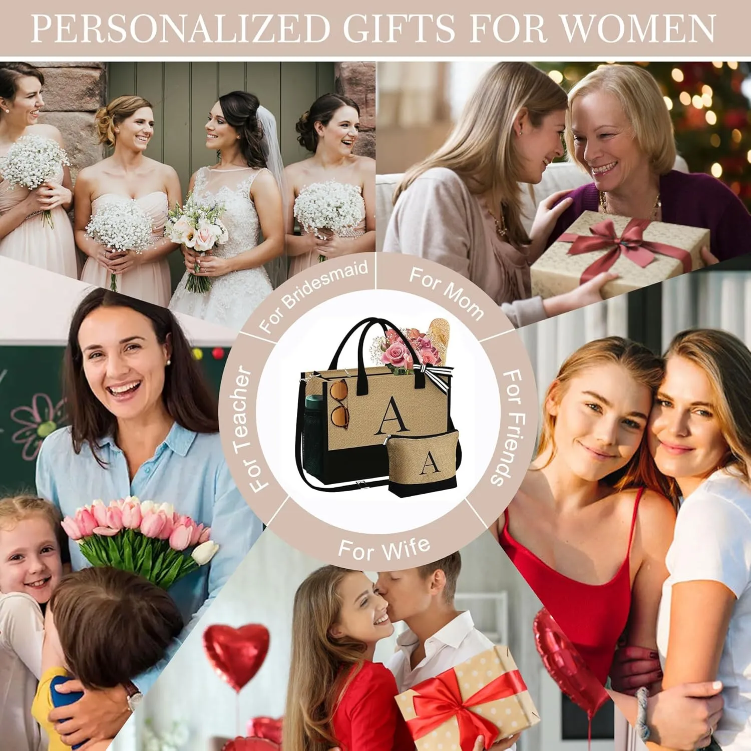 YOOLIFE Mothers Day Gifts - Initial Jute Tote Bag & Makeup Bag, Personalized Gifts for Women Mom Wife Teacher Friend Birthday