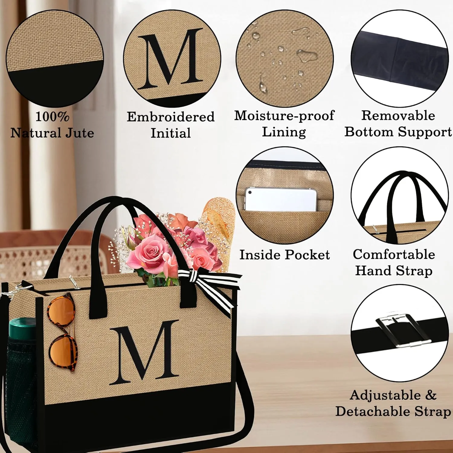 YOOLIFE Mothers Day Gifts - Initial Jute Tote Bag & Makeup Bag, Personalized Gifts for Women Mom Wife Teacher Friend Birthday