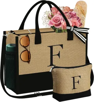YOOLIFE Mothers Day Gifts - Initial Jute Tote Bag & Makeup Bag, Personalized Gifts for Women Mom Wife Teacher Friend Birthday