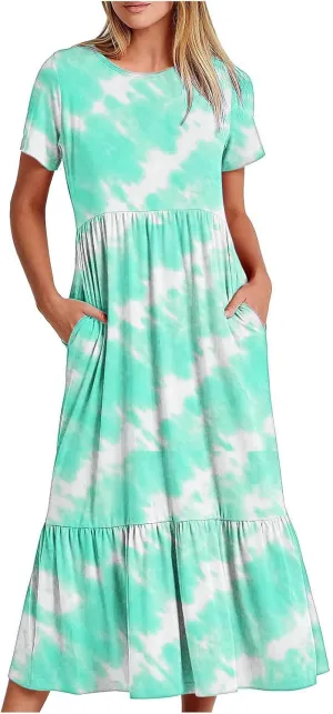 ZDRZK Womens Summer Dresses Cute Boho Floral Print Beach Long Maxi Dresses Flowy Casual Tshirt Sundresses with Pockets