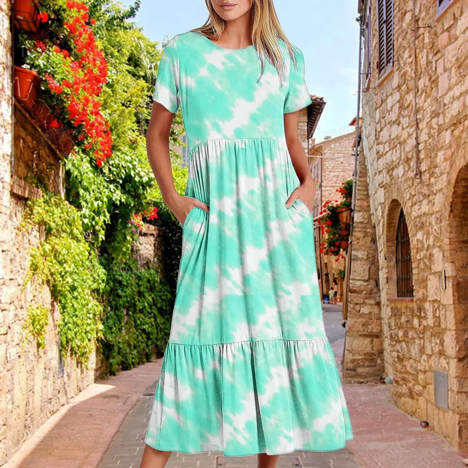 ZDRZK Womens Summer Dresses Cute Boho Floral Print Beach Long Maxi Dresses Flowy Casual Tshirt Sundresses with Pockets