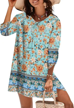 Zeagoo 2025 Women's Boho Floral Print Dress Casual Summer V Neck 3/4 Long Sleeve Swim Suit Cover Up Beach Dresses Tropical Vacation Sheath Dress Green XL