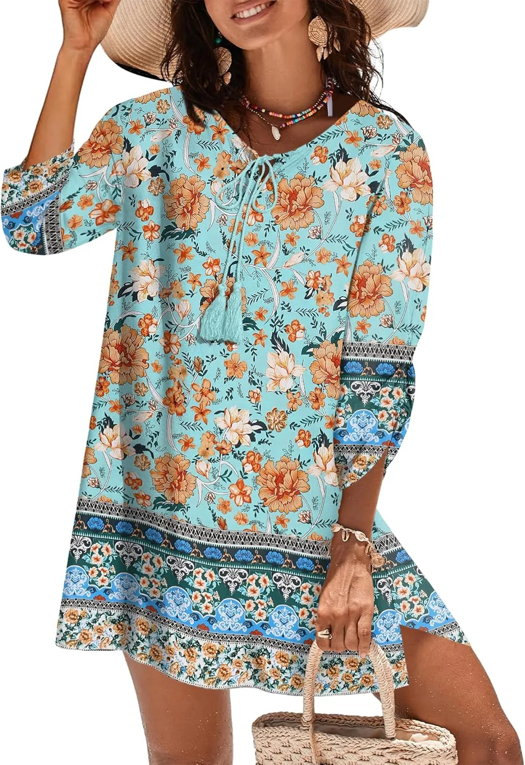 Zeagoo 2025 Women's Boho Floral Print Dress Casual Summer V Neck 3/4 Long Sleeve Swim Suit Cover Up Beach Dresses Tropical Vacation Sheath Dress Green XL