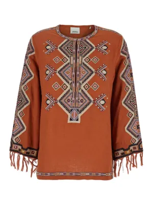 Zelda' Orange Blouse With Fringed Cuffs