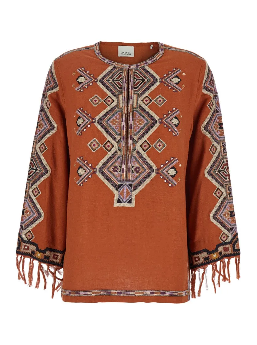 Zelda' Orange Blouse With Fringed Cuffs