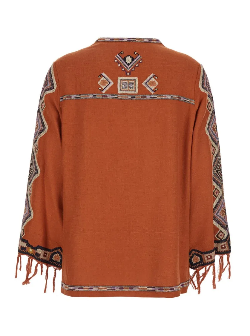 Zelda' Orange Blouse With Fringed Cuffs