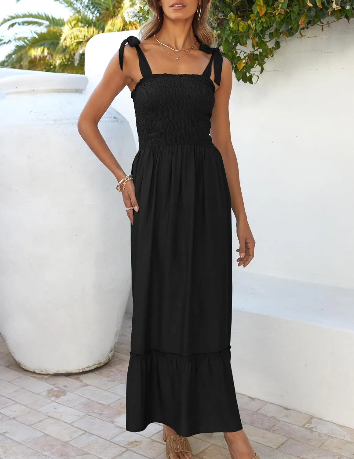 ZESICA Women's 2025 Summer Boho Spaghetti Strap Square Neck Solid Color Ruffle A Line Beach Long Maxi Dress
