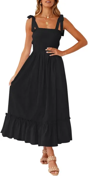 ZESICA Women's 2025 Summer Boho Spaghetti Strap Square Neck Solid Color Ruffle A Line Beach Long Maxi Dress