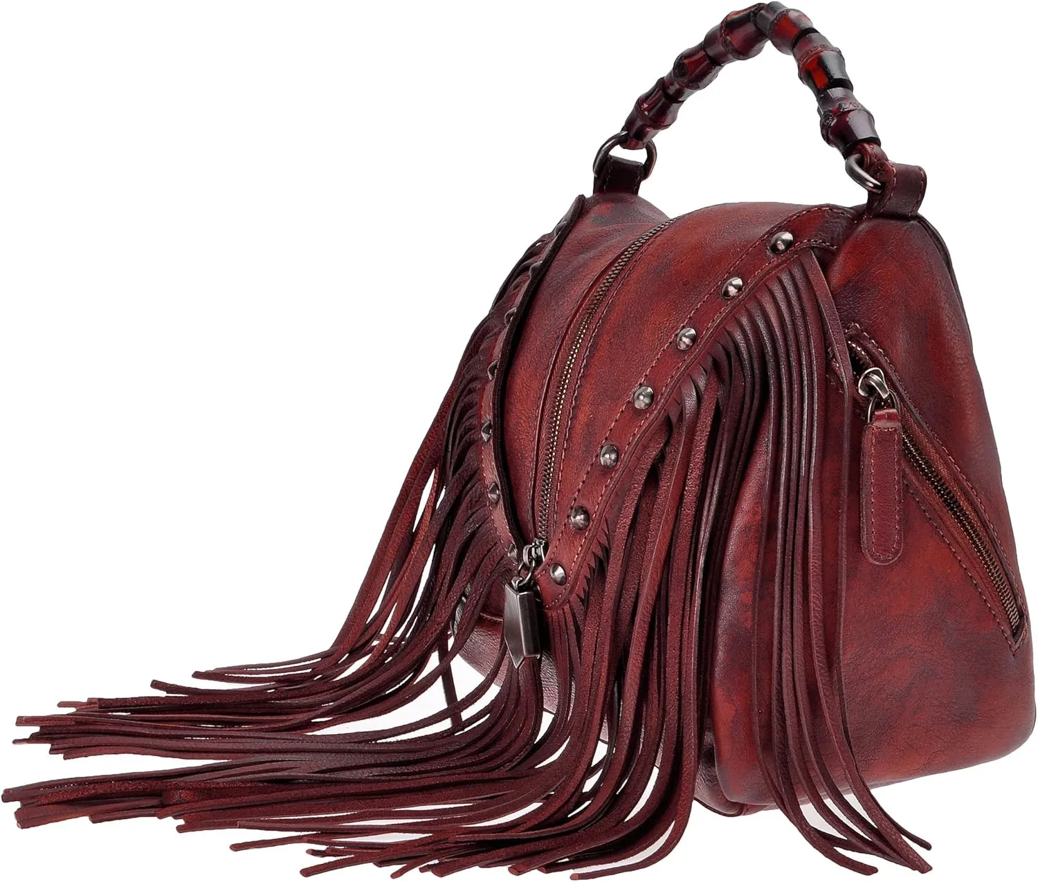 ZLYC Women's Leather Bamboo Hand Strap Featured Fringe Bohemian Tassel Studed Cross Body Bag