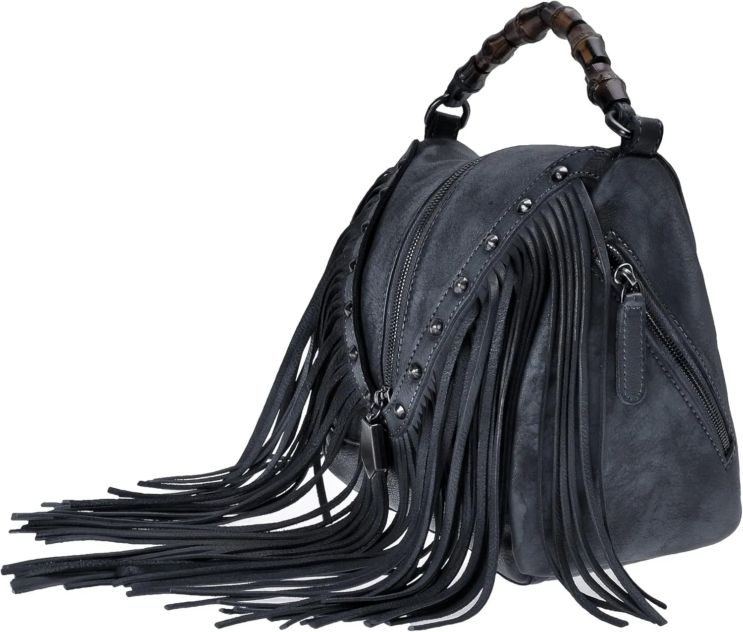 ZLYC Women's Leather Bamboo Hand Strap Featured Fringe Bohemian Tassel Studed Cross Body Bag