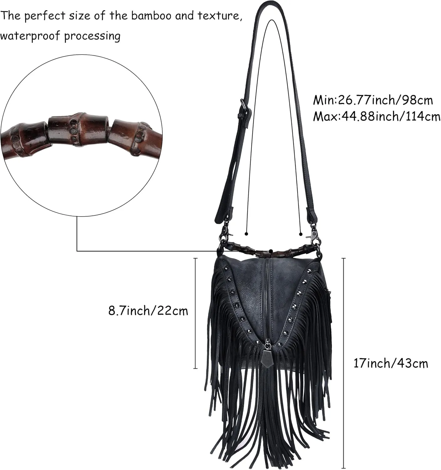 ZLYC Women's Leather Bamboo Hand Strap Featured Fringe Bohemian Tassel Studed Cross Body Bag