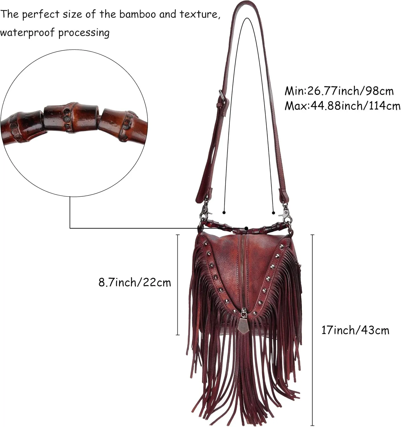 ZLYC Women's Leather Bamboo Hand Strap Featured Fringe Bohemian Tassel Studed Cross Body Bag