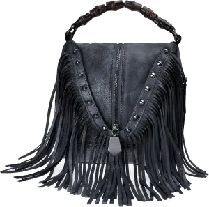 ZLYC Women's Leather Bamboo Hand Strap Featured Fringe Bohemian Tassel Studed Cross Body Bag